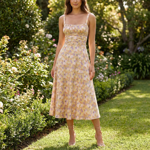 Women's Floral Corset Midi Dress - Summer Sundress with Slit