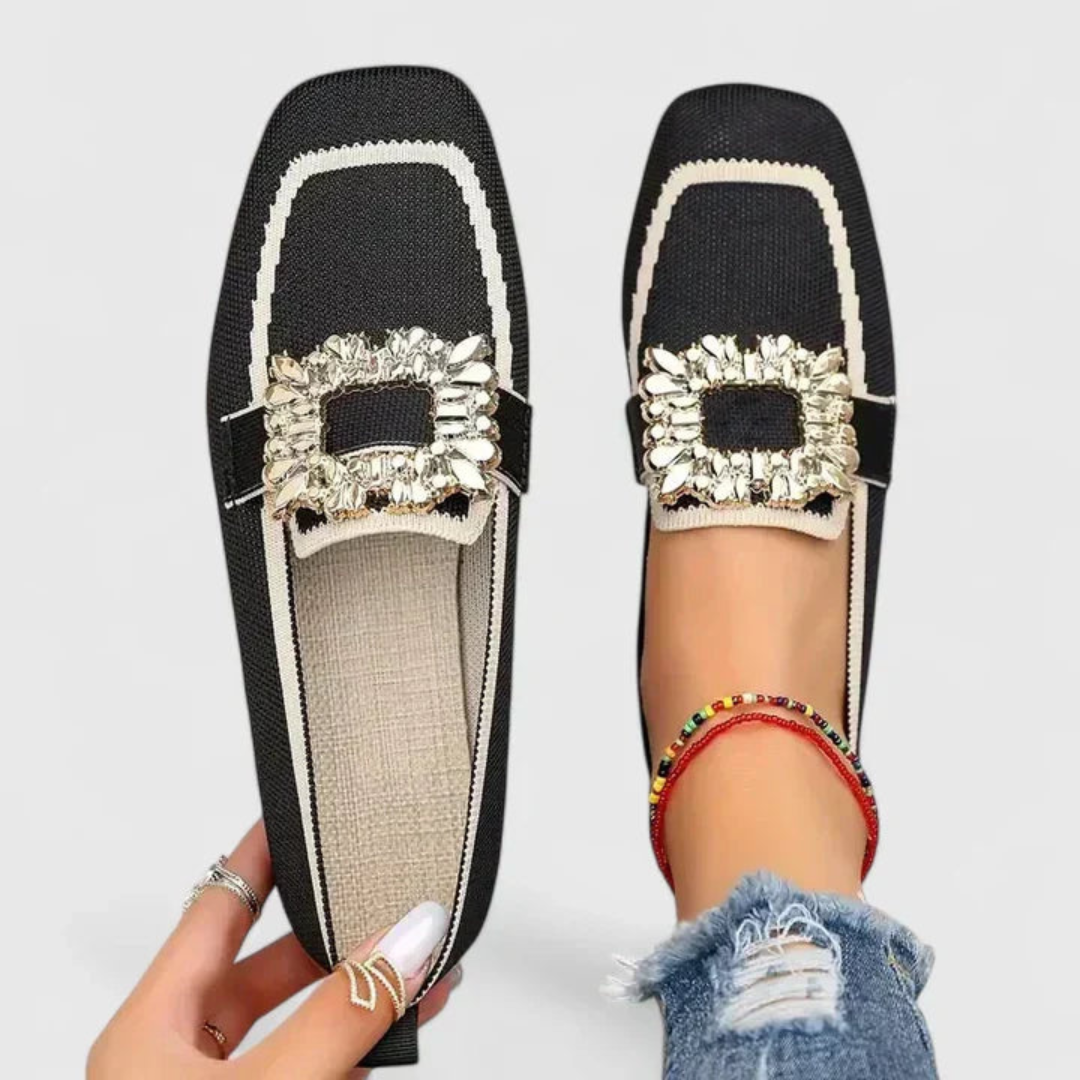 Women's Crystal Buckle Slip-On Loafers - Black