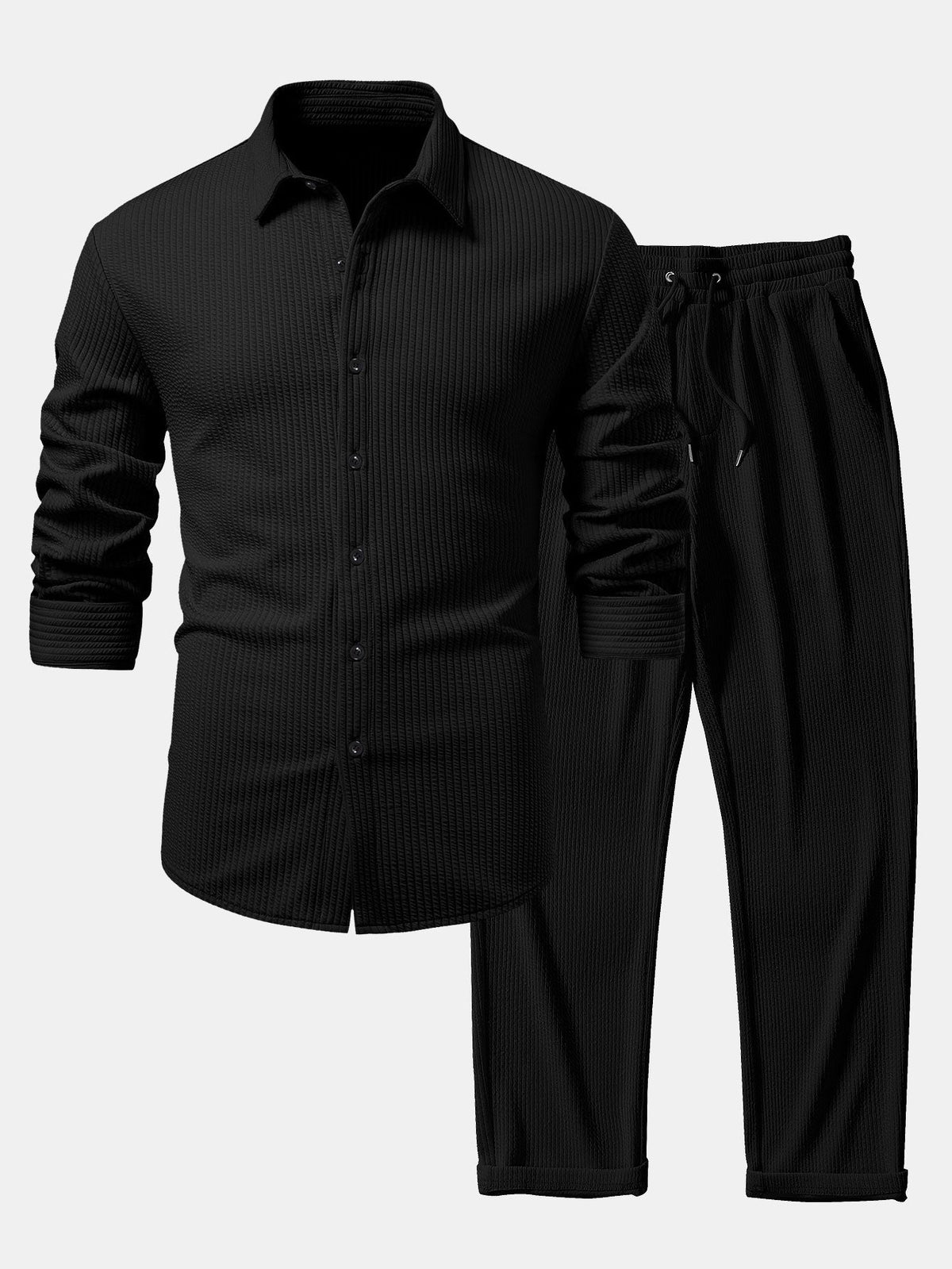 Men's Ribbed Muscle-Fit Shirt and Trousers Set - Black