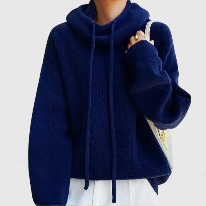 Women's Oversized Ribbed Knit Hoodie - Dark Blue