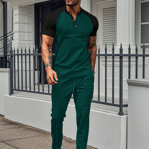 Men's Contrast Henley Top and Textured Jogger Lounge Set - Green