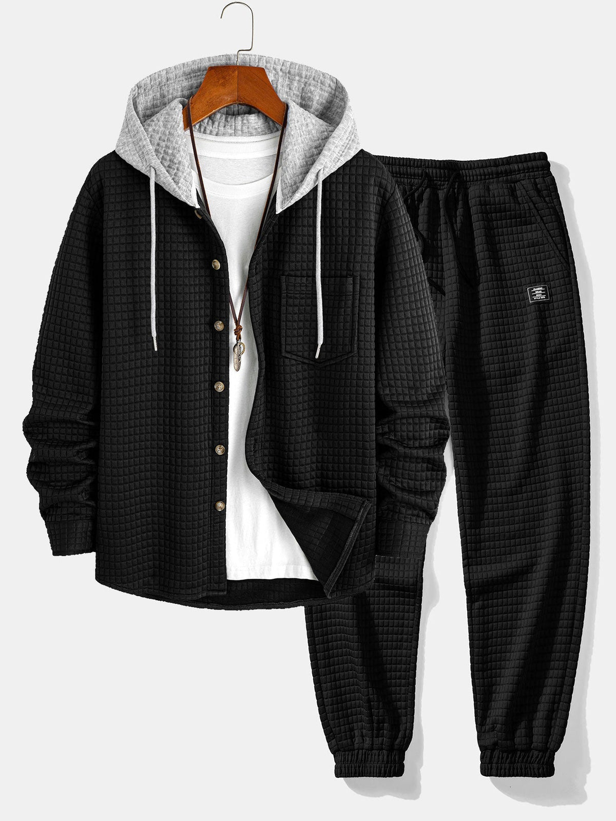 Men's Waffle Hooded Shirt and Jogger Set - Black