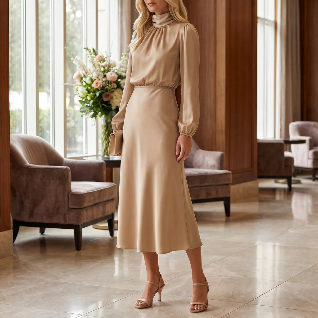 Long Sleeve High Neck Midi Dress