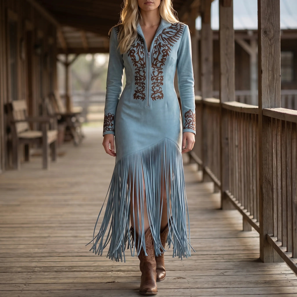 Long Sleeve Fringe Maxi Dress with Embroidered Detail