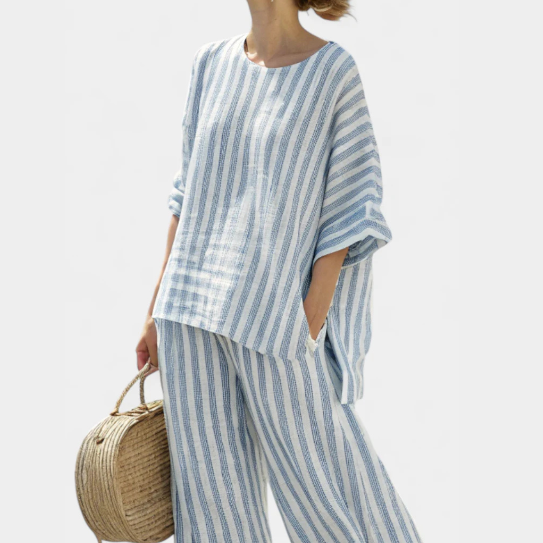 Women's Striped Wide-Leg Trouser Set Relaxed Two-Piece Outfit for Summer Wear