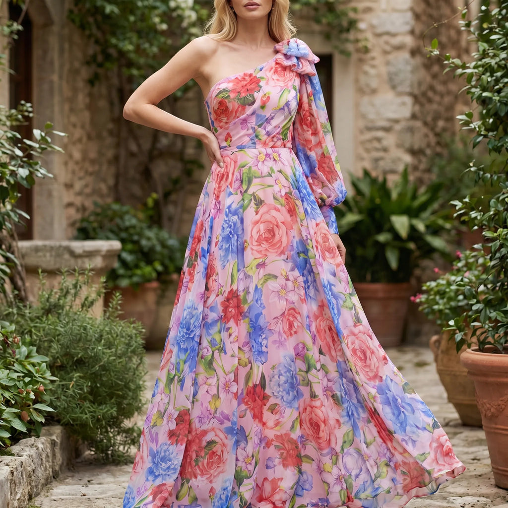 Floral One-Shoulder Maxi Dress with High Slit