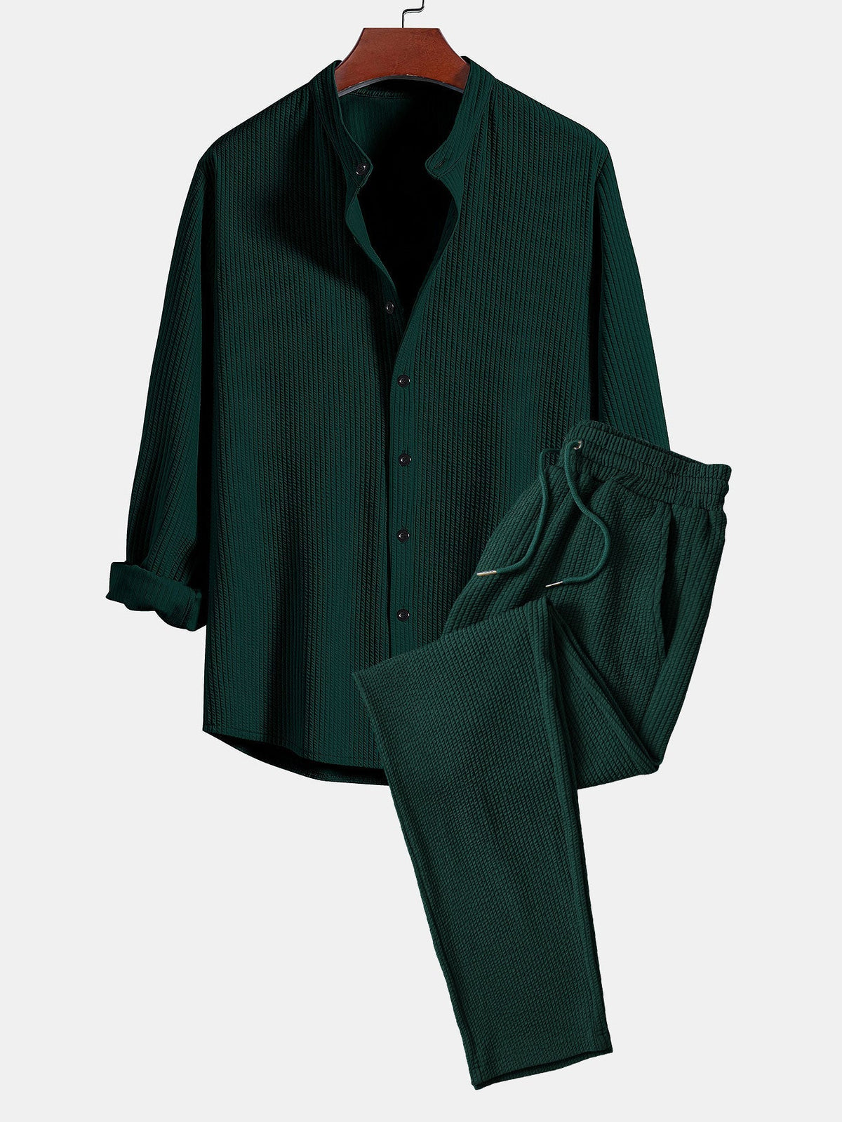 Men's Ribbed Stand-Collar Shirt and Trousers Set - Dark Green