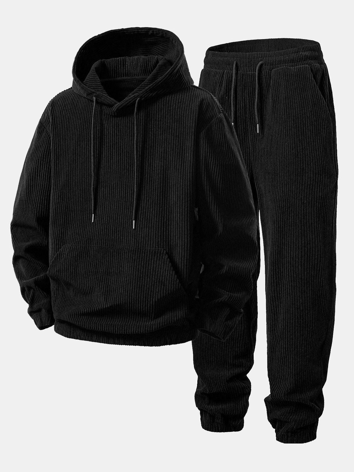 Men's Wide-Ribbed Corduroy Hoodie and Jogger Tracksuit - Black