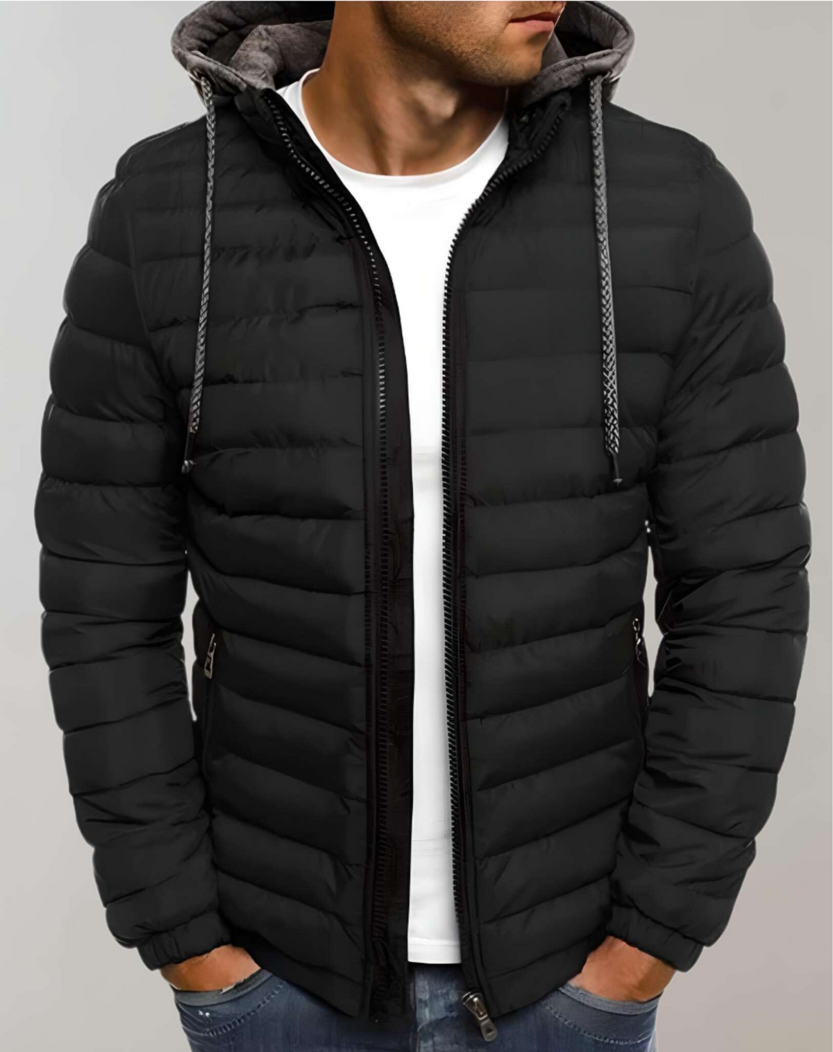 Men's Lightweight Padded Jacket with Hood and Elastic Cuffs - Black