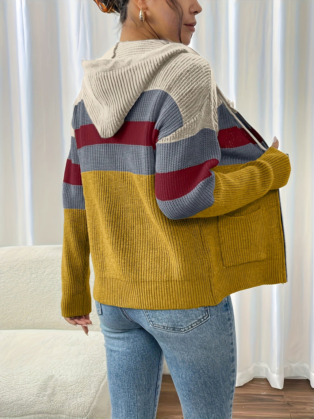 Women's Ribbed Color-Block Hooded Zip Cardigan