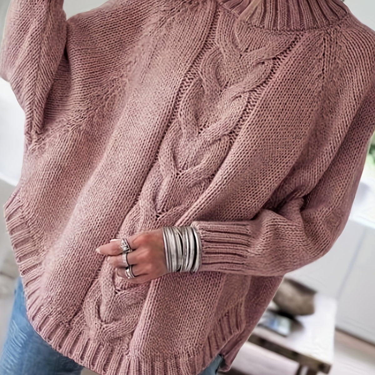 Women's Cable-Knit High Neck Relaxed Sweater