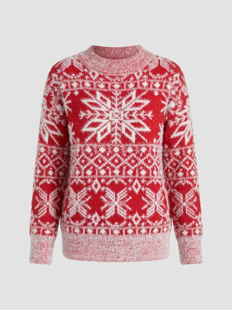 Women's Nordic Snowflake Textured Knit Pullover - Red/White