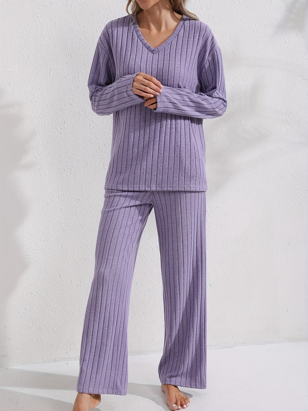 Women's Ribbed V-Neck Top and Relaxed Pants Set