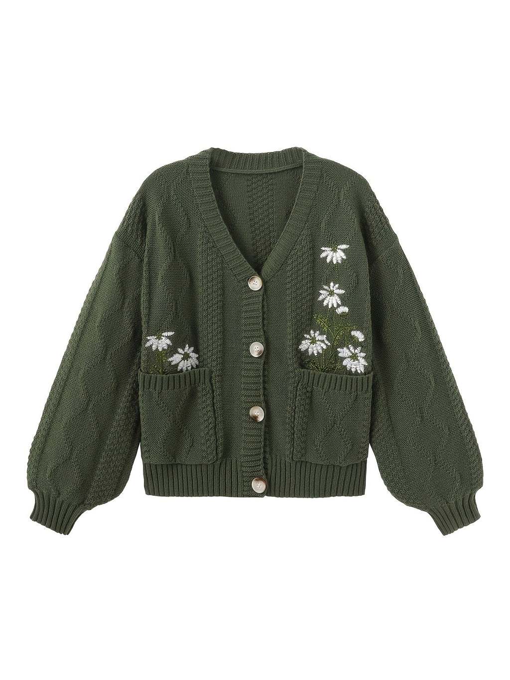Women's Floral Embroidered V-Neck Button Cardigan with Pockets