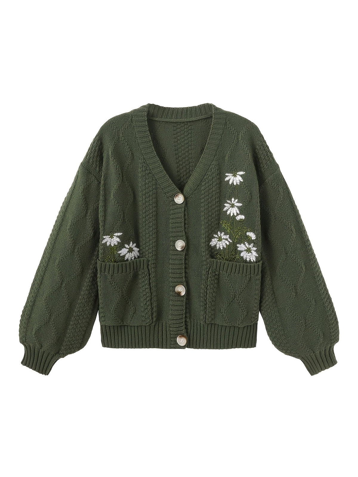 Women's Floral Embroidered V-Neck Button Cardigan with Pockets