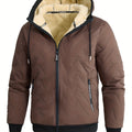 Men's Plush-Lined Hooded Full-Zip Winter Jacket - Yellowish-brown