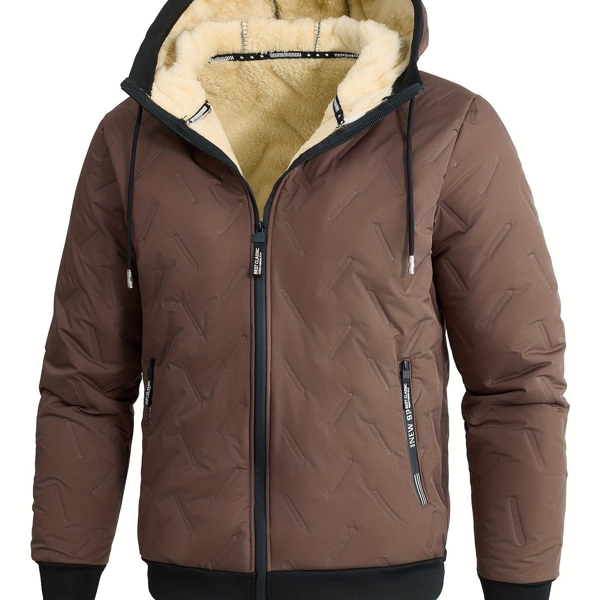 Men's Plush-Lined Hooded Full-Zip Winter Jacket - Yellowish-brown