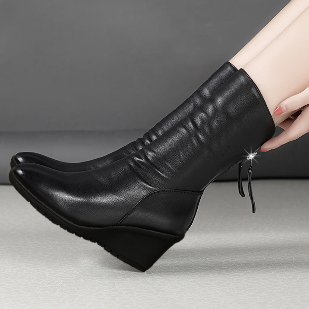 Women's Sleek Wedge-Heel Mid-Calf Boots
