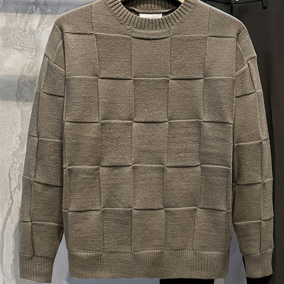 Women's Textured Checkerboard Crewneck Sweater - Light Brown