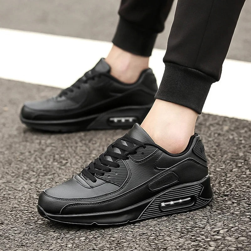 Men's Leather Trainers with Cushioned Sole - Black