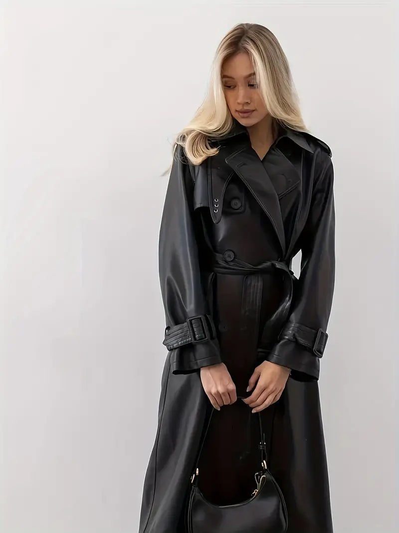 Women's Faux Leather Belted Trench Coat