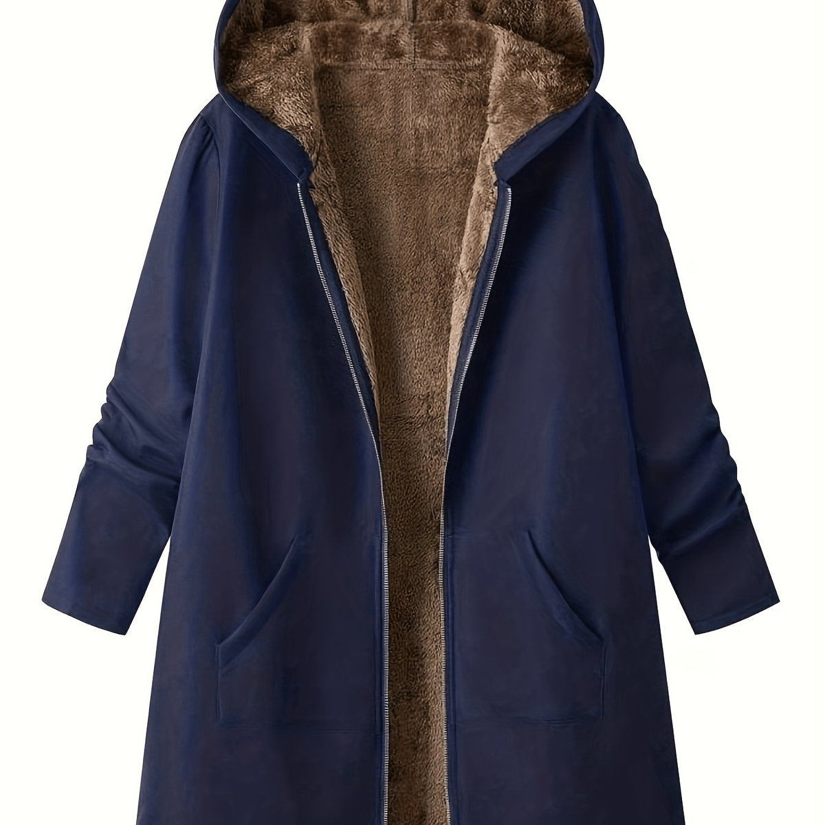 Women's Plush Lined Longline Hooded Zip Coat - Navy