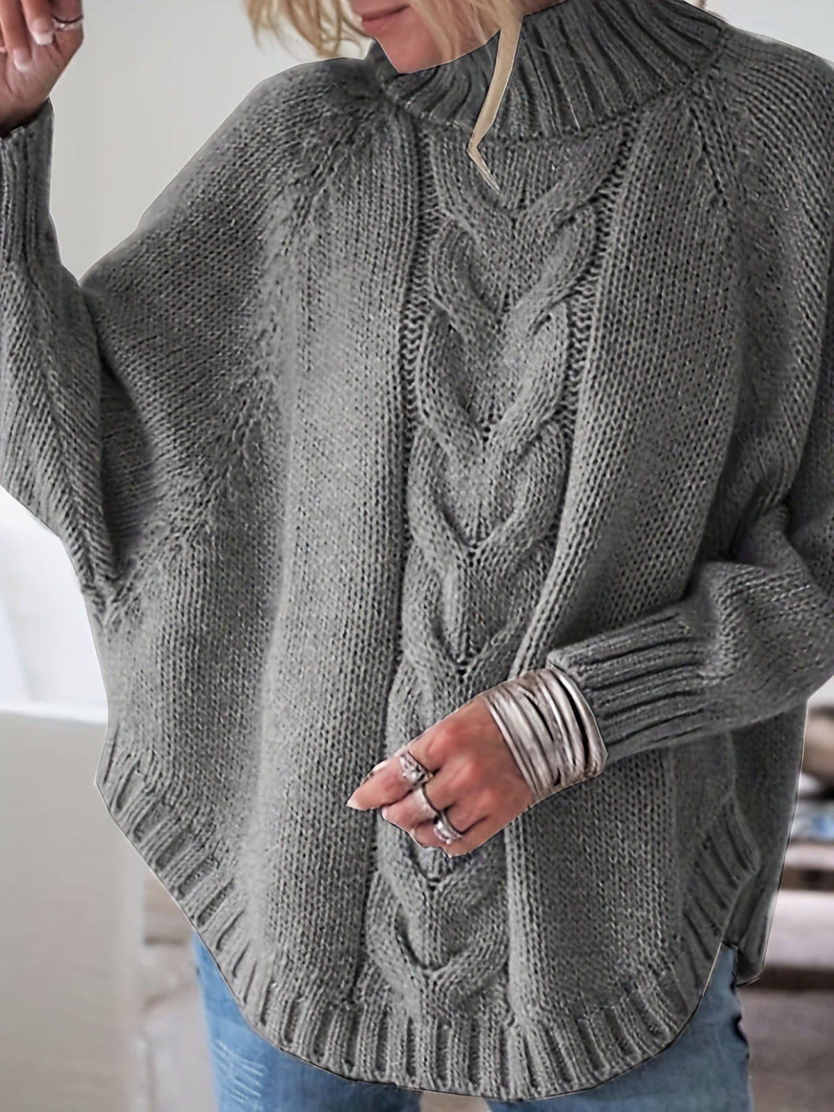 Women's Cable-Knit High Neck Relaxed Sweater