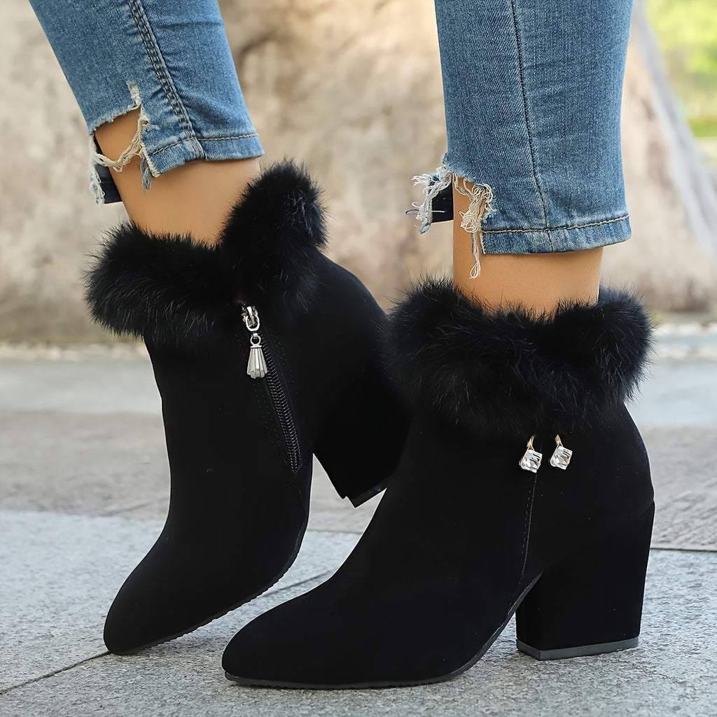 Women's Plush-Trim Pointed-Toe Ankle Boots - Black