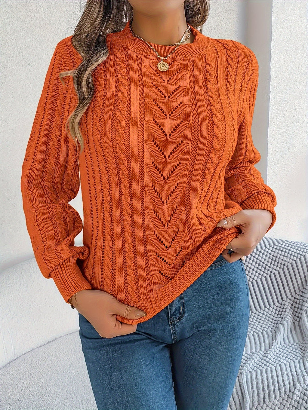 Women's Cable-Knit Openwork Round-Neck Sweater
