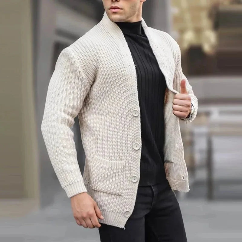 Men's Relaxed Open-Neck Knit Cardigan with Pockets - White