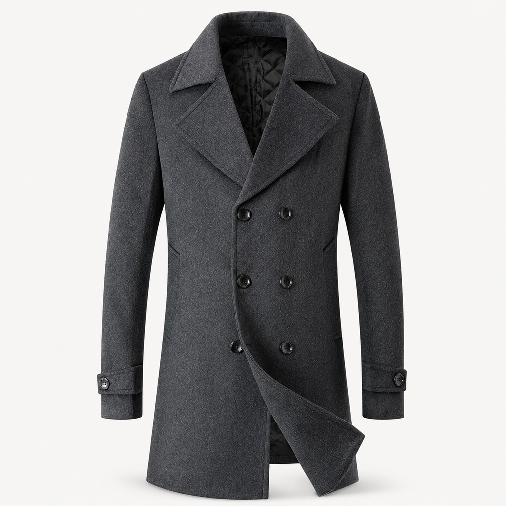 Men's Double-Breasted Tweed Overcoat with Wide Lapels - Dark Gray