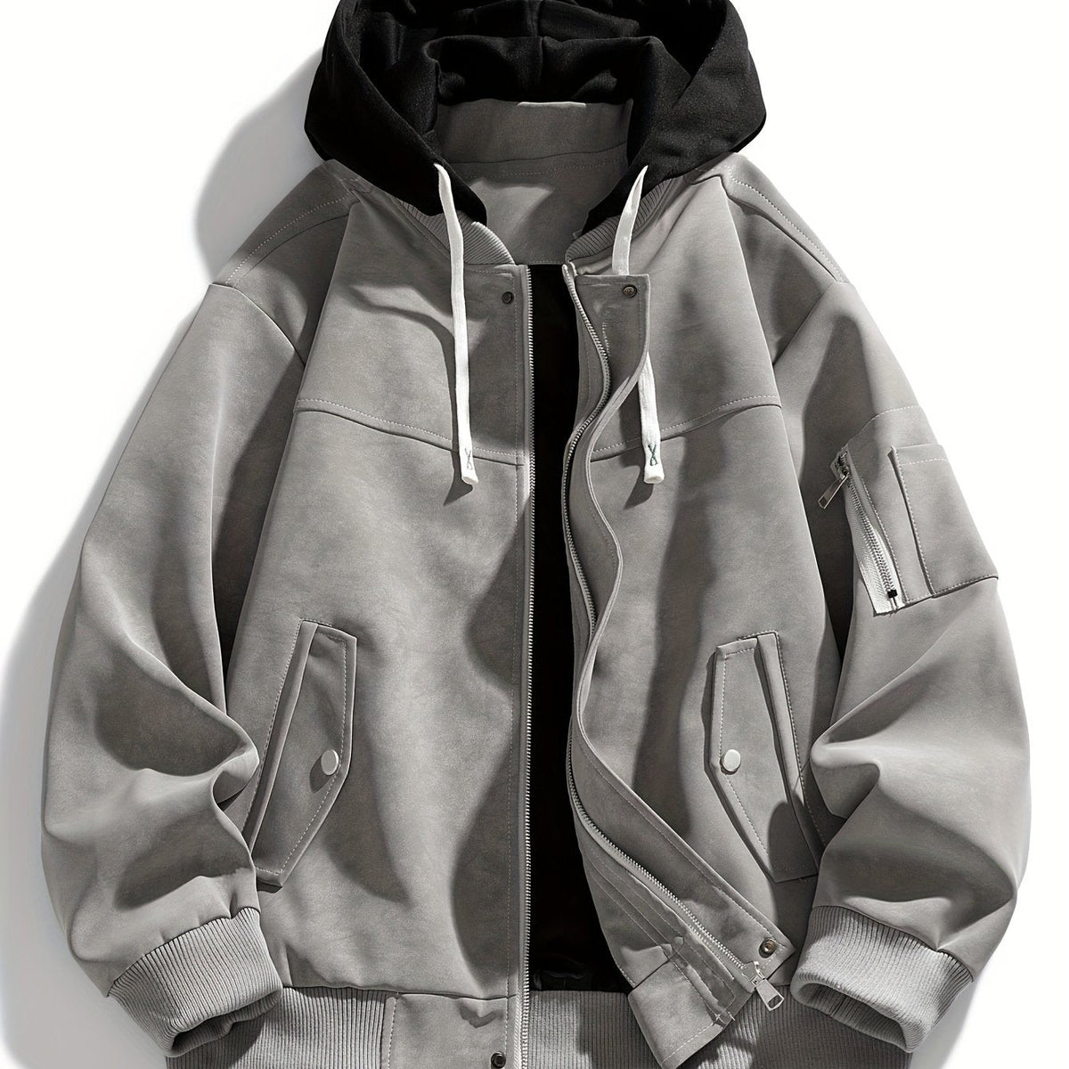 Women's Relaxed Fit Hooded Zip-Up Jacket with Sleeve Pocket - Gray