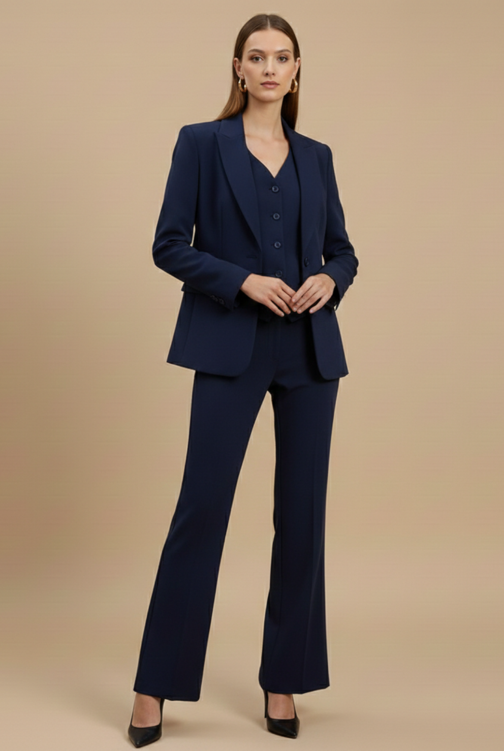 Women's Three-Piece Suit with Fitted Vest and Flared Pants - Navy Blue
