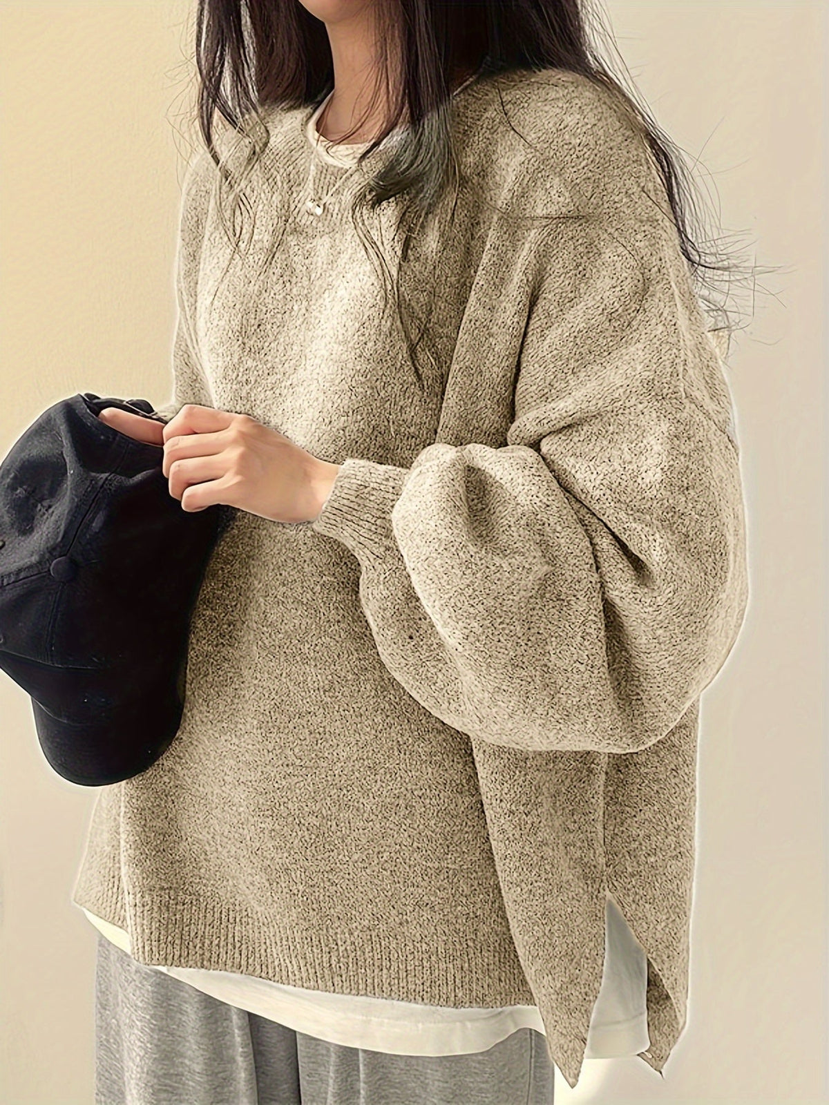 Women's Thick Knit Relaxed Round Neck Drop-Shoulder Pullover