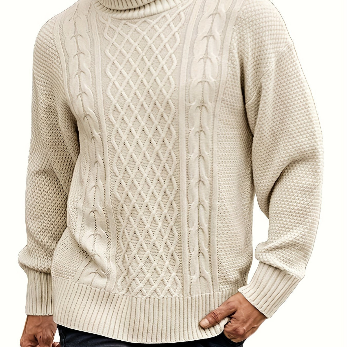 Women's Classic Cable-Knit Turtleneck Sweater in Plus Sizes - Beige