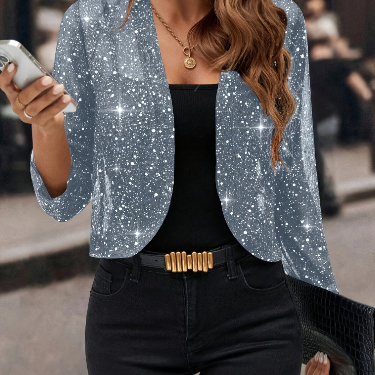 Women's Shimmer Cropped Open-Front Jacket - Sky Blue