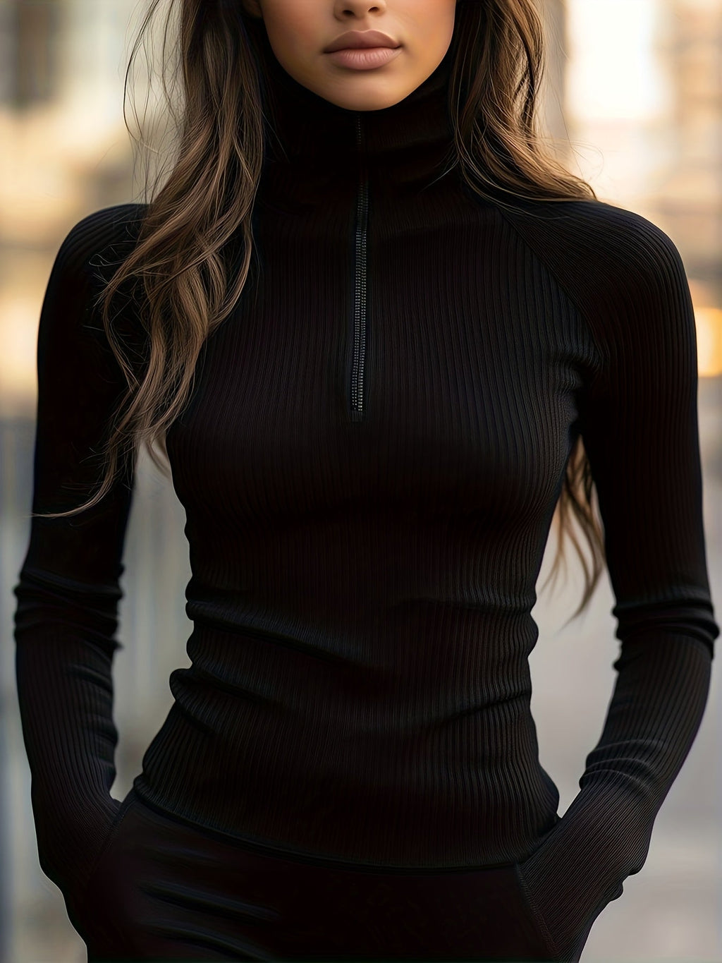 Women's Ribbed Half-Zip High-Neck Slim Top