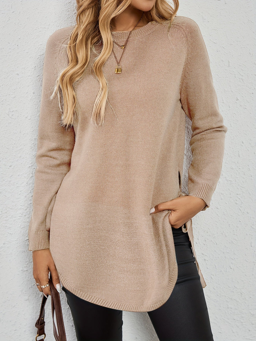Women's Relaxed Longline Round Neck Sweater with Side Slits
