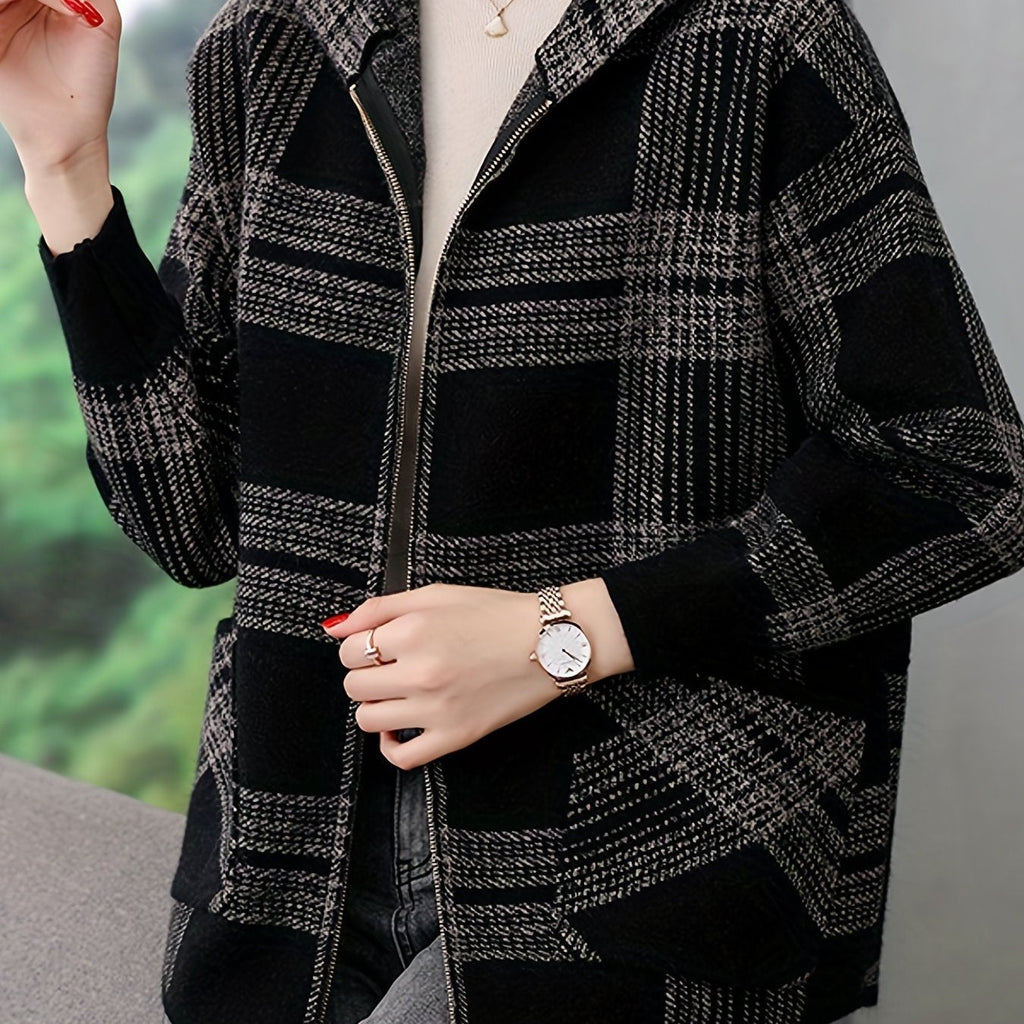 Women's Loose Fit Check Pattern Hooded Zip Jacket - Gray