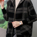 Women's Loose Fit Check Pattern Hooded Zip Jacket - Gray