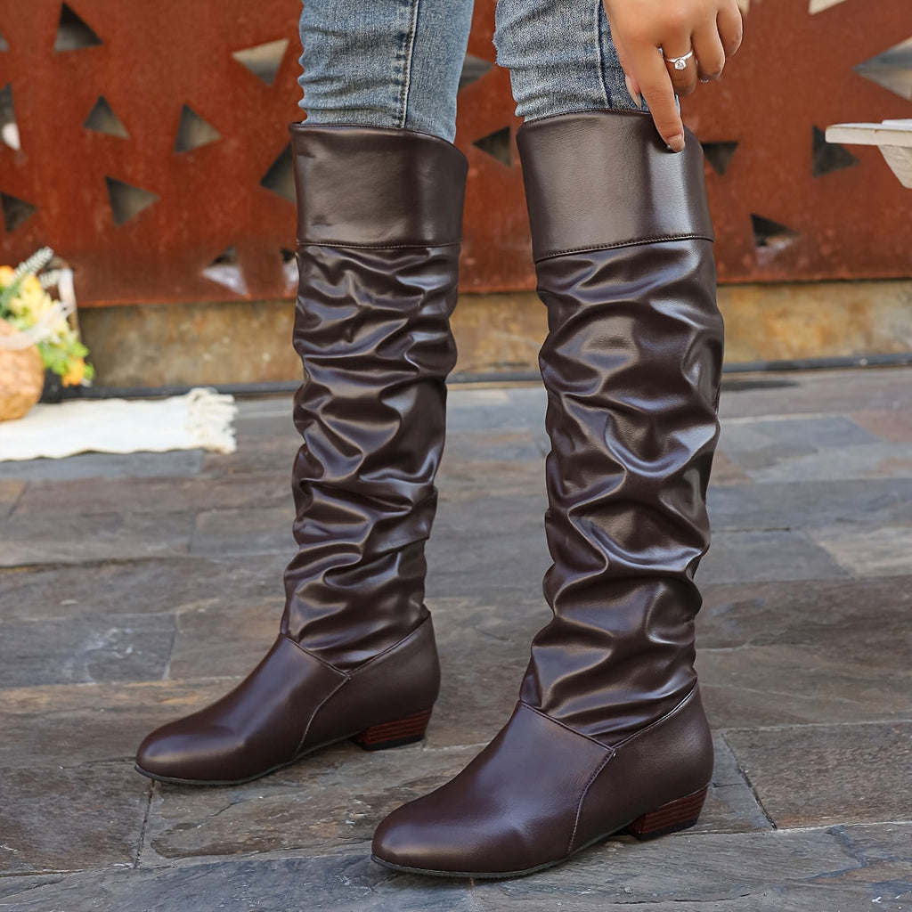 Women's Slouch Knee-High Boots with Low Heel and Round Toe