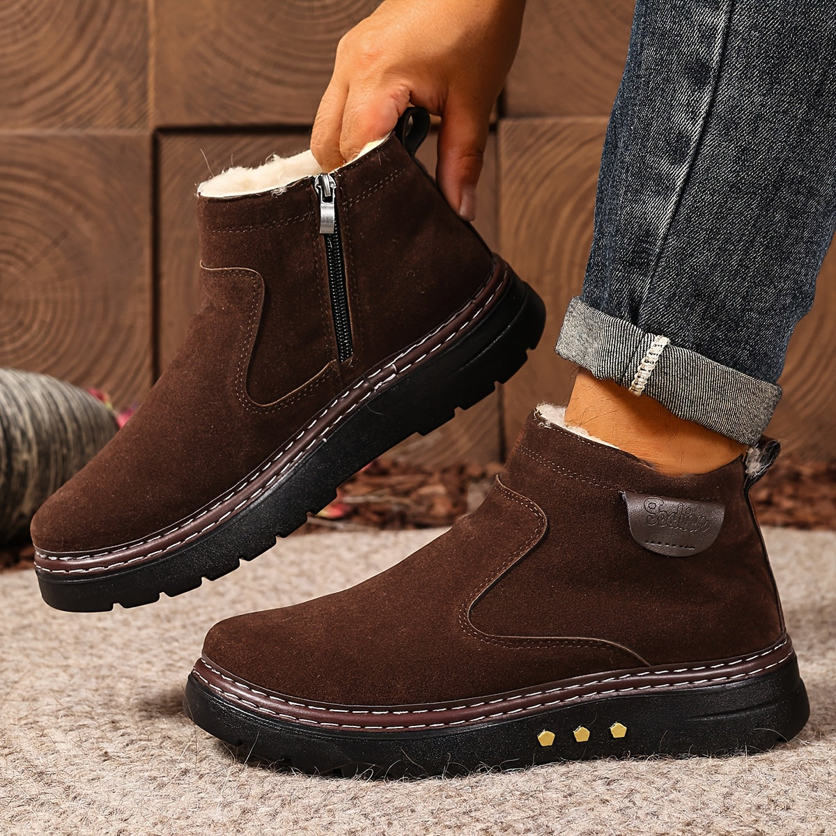 Women's Plush-Lined Winter Ankle Boots with Side Zip - Dark Brown