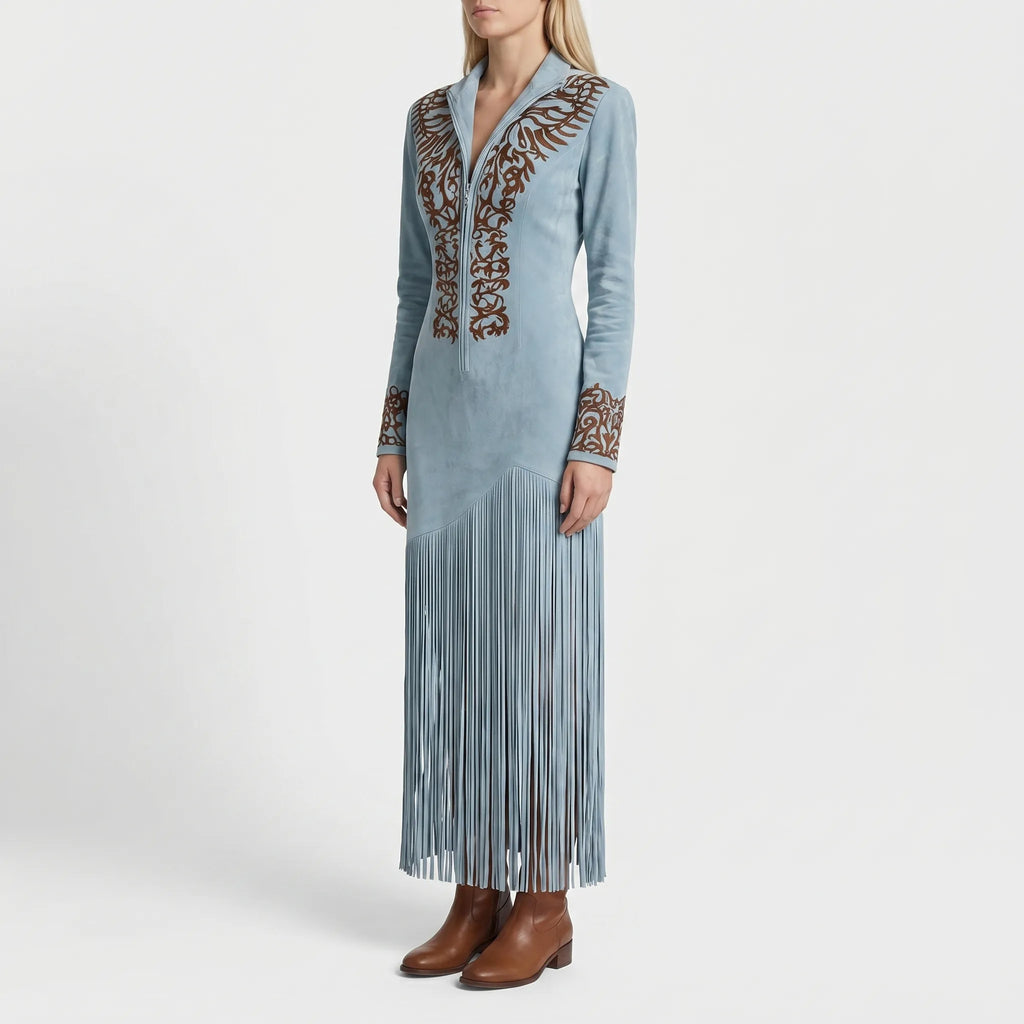 Long Sleeve Fringe Maxi Dress with Embroidered Detail