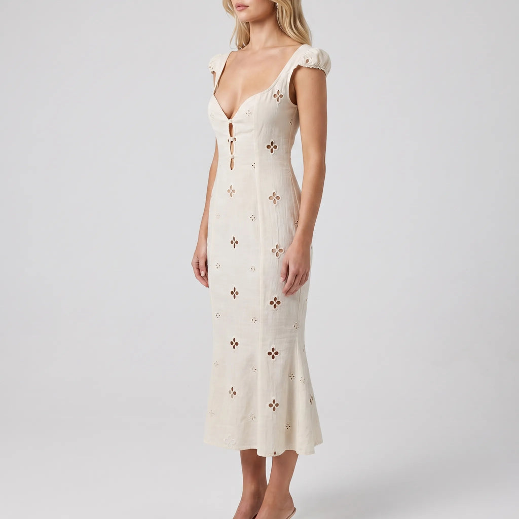 Embroidered Cap-Sleeve Midi Dress