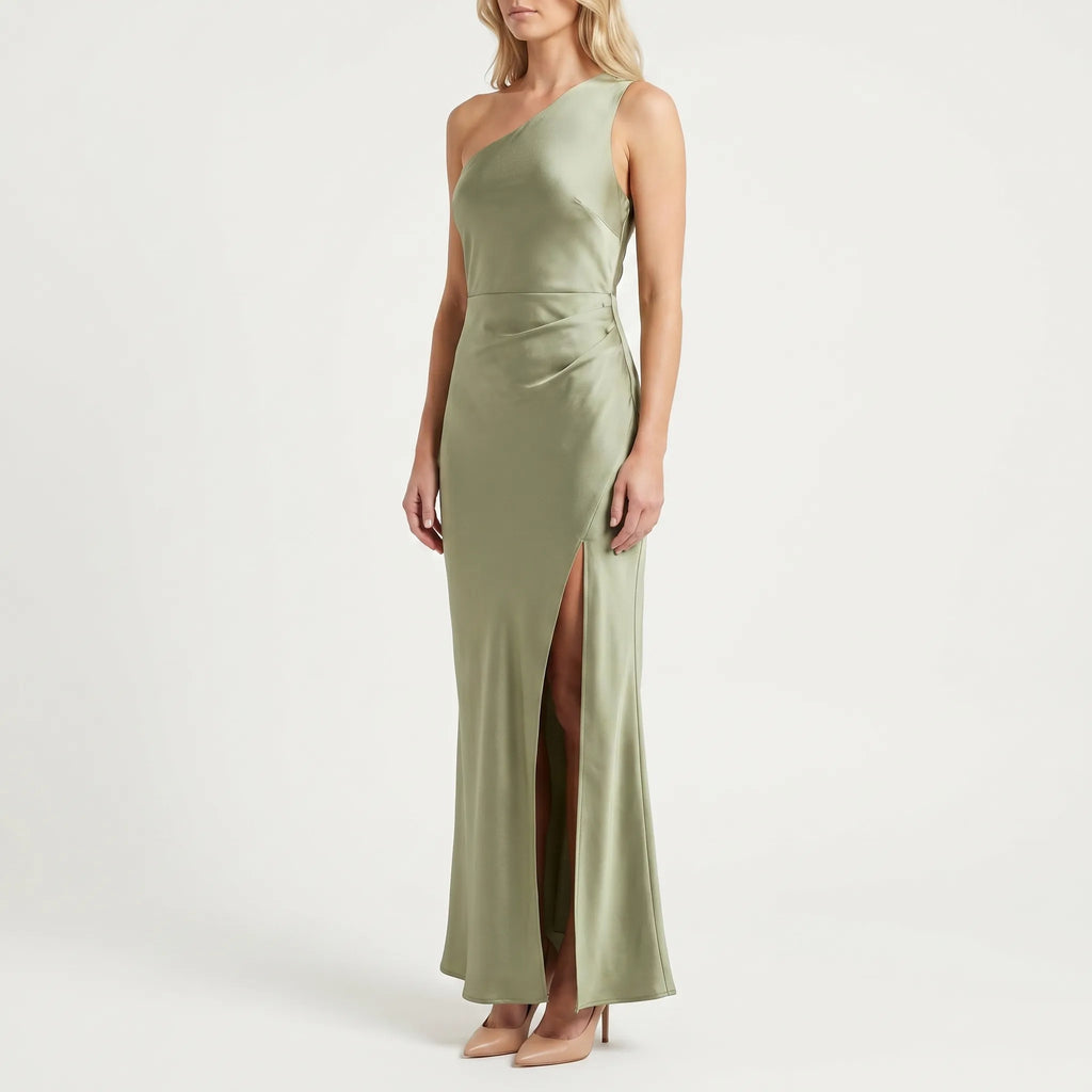 Ruched One-Shoulder Maxi Dress with Side Slit