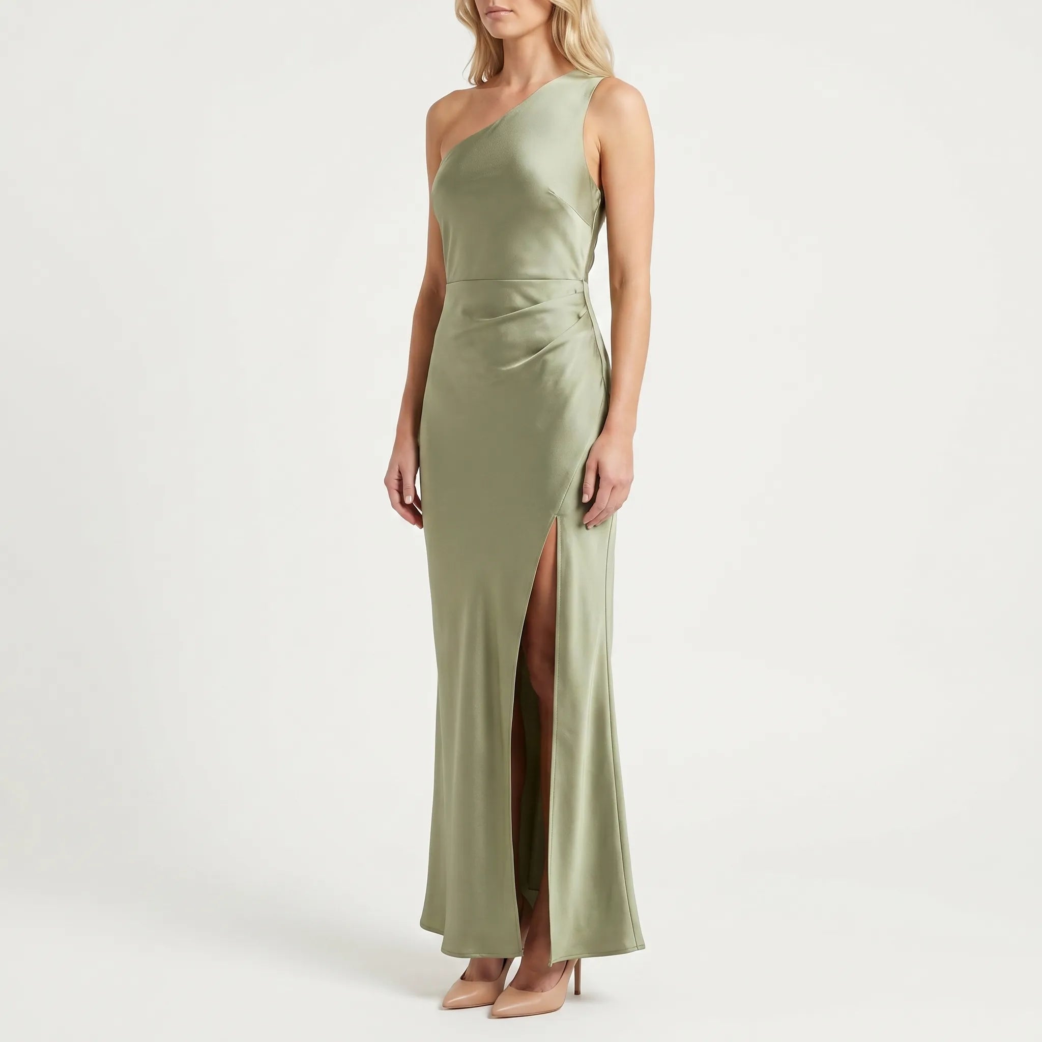 Ruched One-Shoulder Maxi Dress with Side Slit