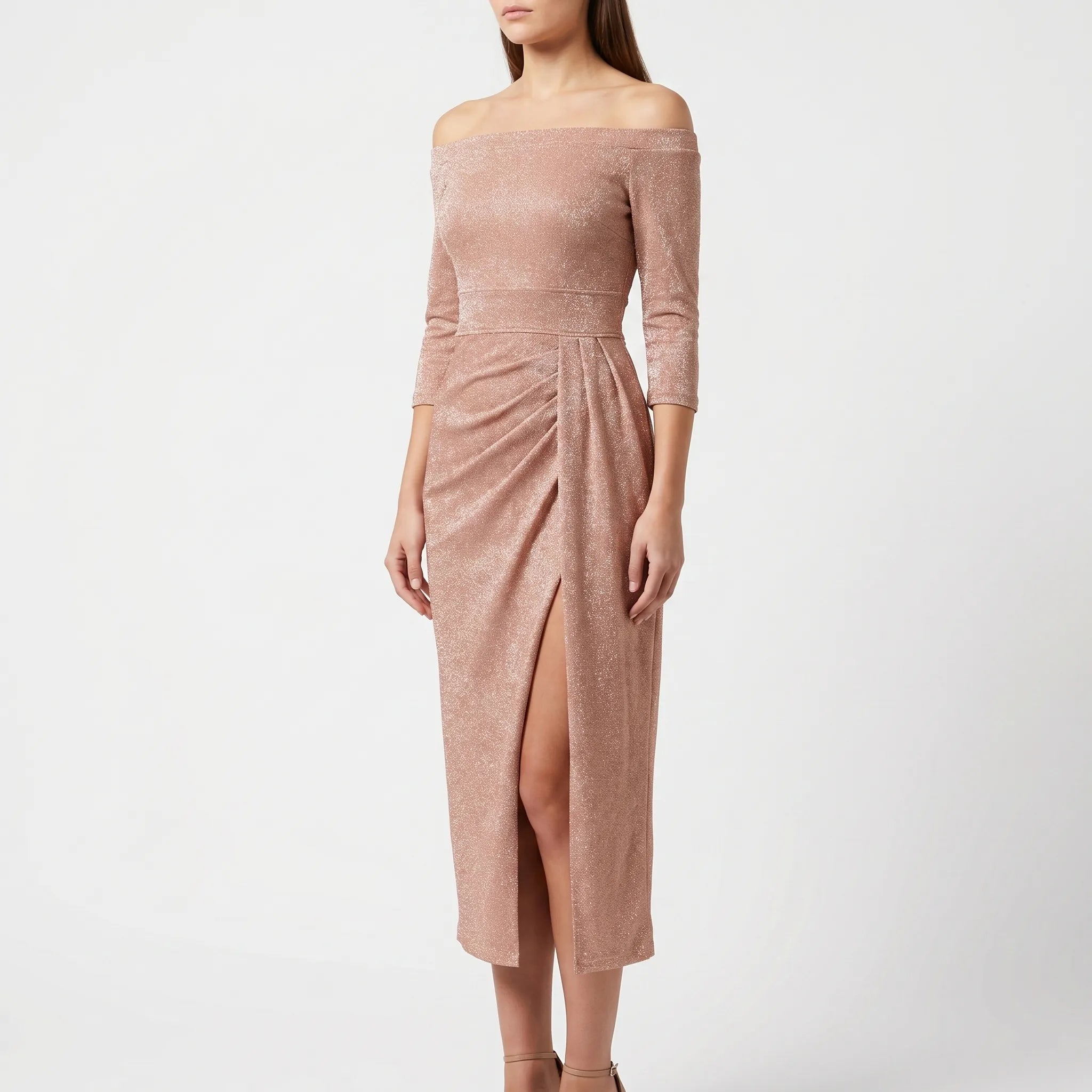 Women's Off Shoulder Midi Dress - Shimmer Bodycon for Evening