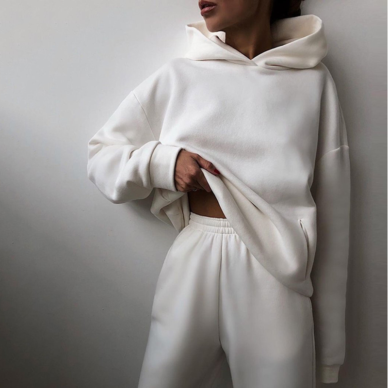 Women's Pullover Hoodie and Tapered Jogger Two Piece Set - White