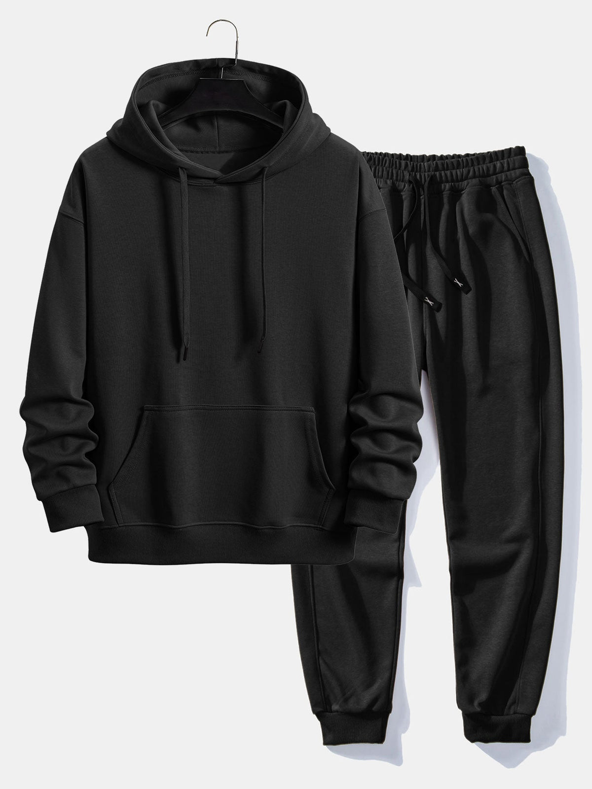 Men's Pullover Hoodie and Cuffed Jogger Tracksuit - Black