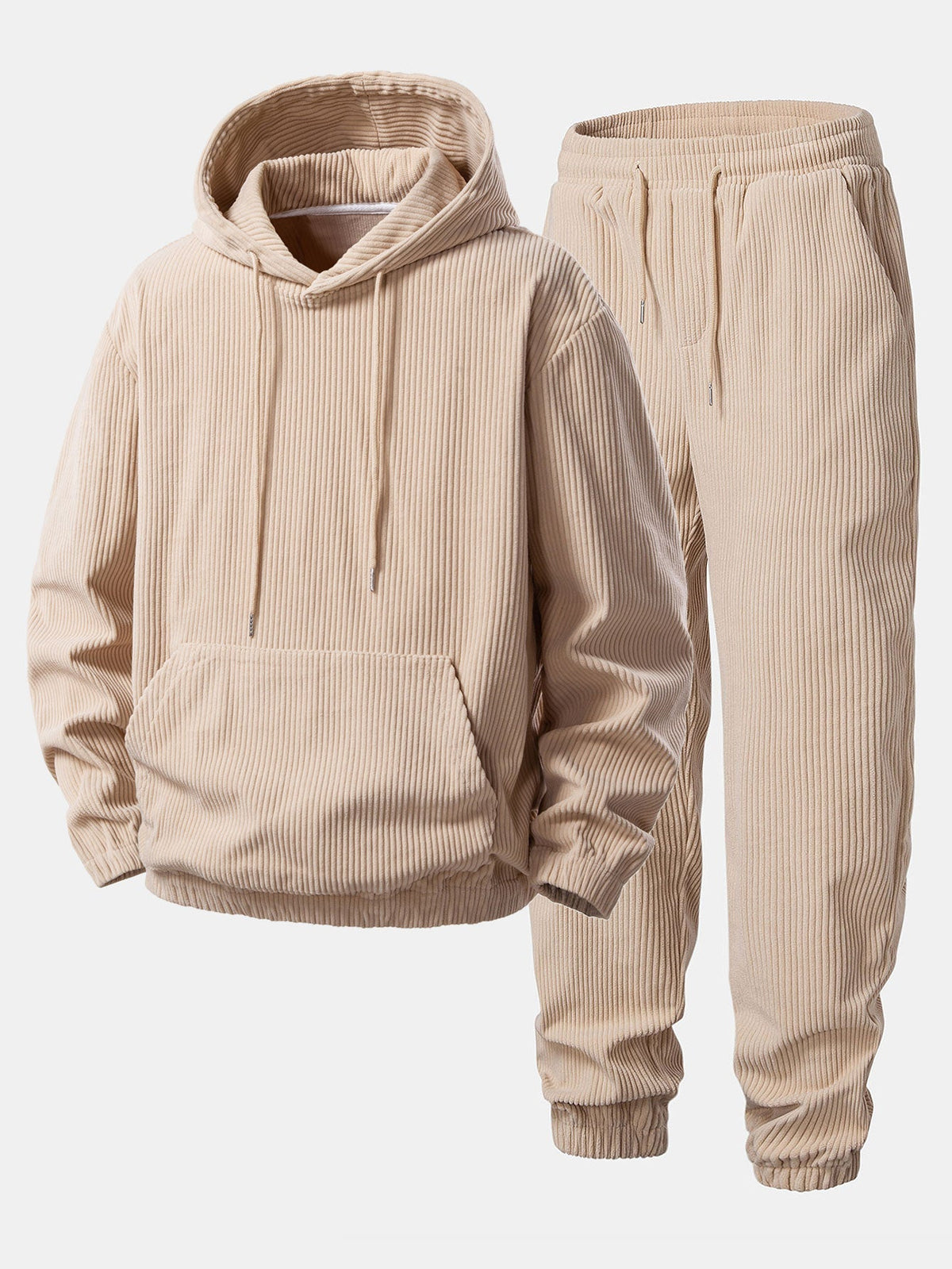 Men's Wide-Ribbed Corduroy Hoodie and Jogger Tracksuit - Beige